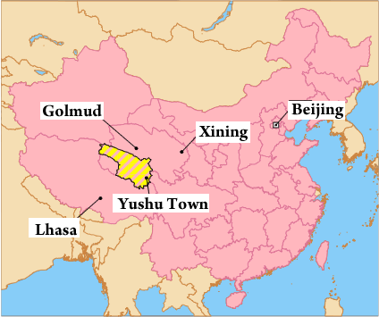 Map of China showing location of Yushu Tibetan Autonomous Prefecture